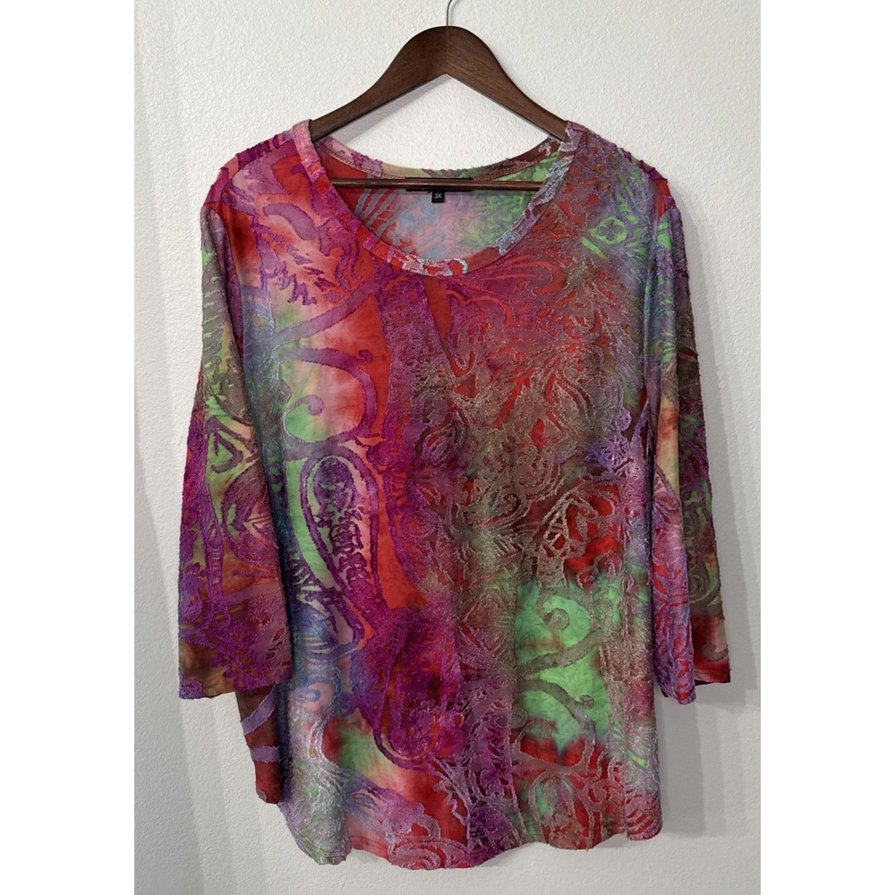 Calessa burnout blouse women's 3X colorful boho art paisley fairy hippie stretch
